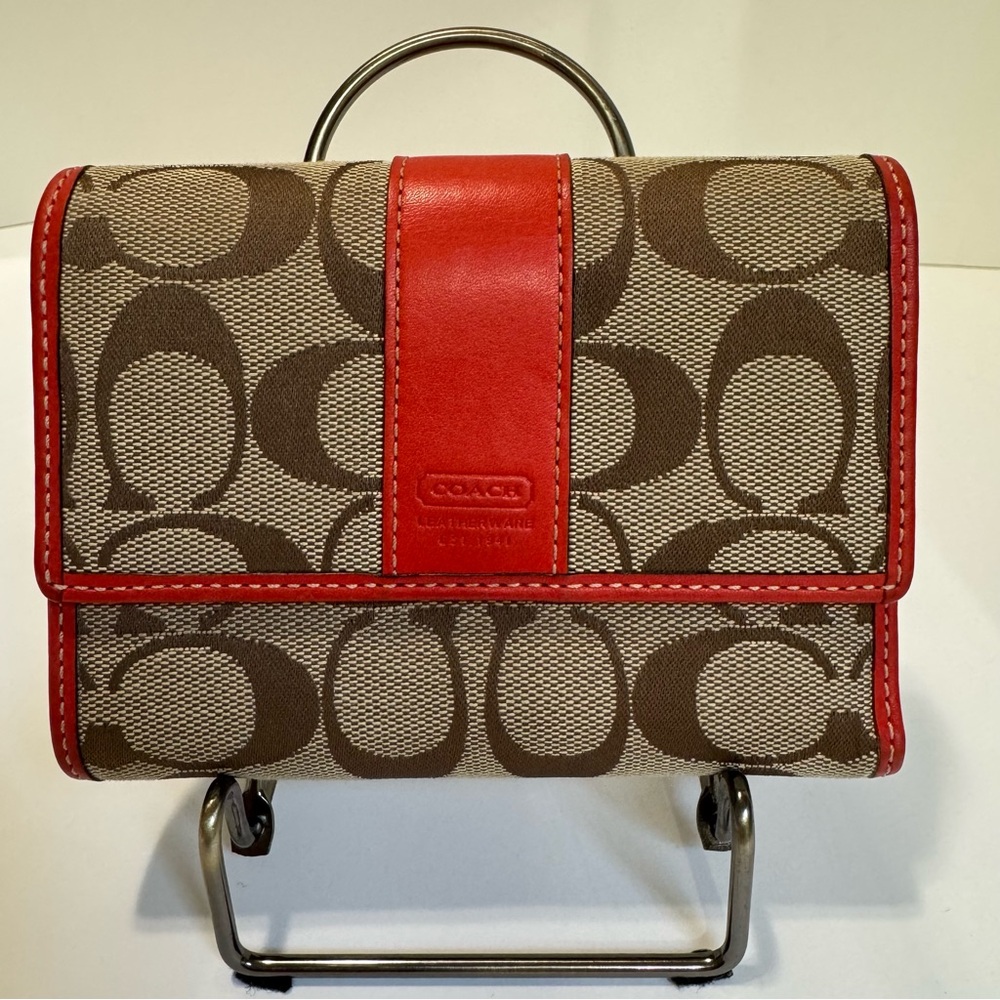 Vintage Coach Signature Jacquard Trifold Wallet Tan Red Leather Y2K